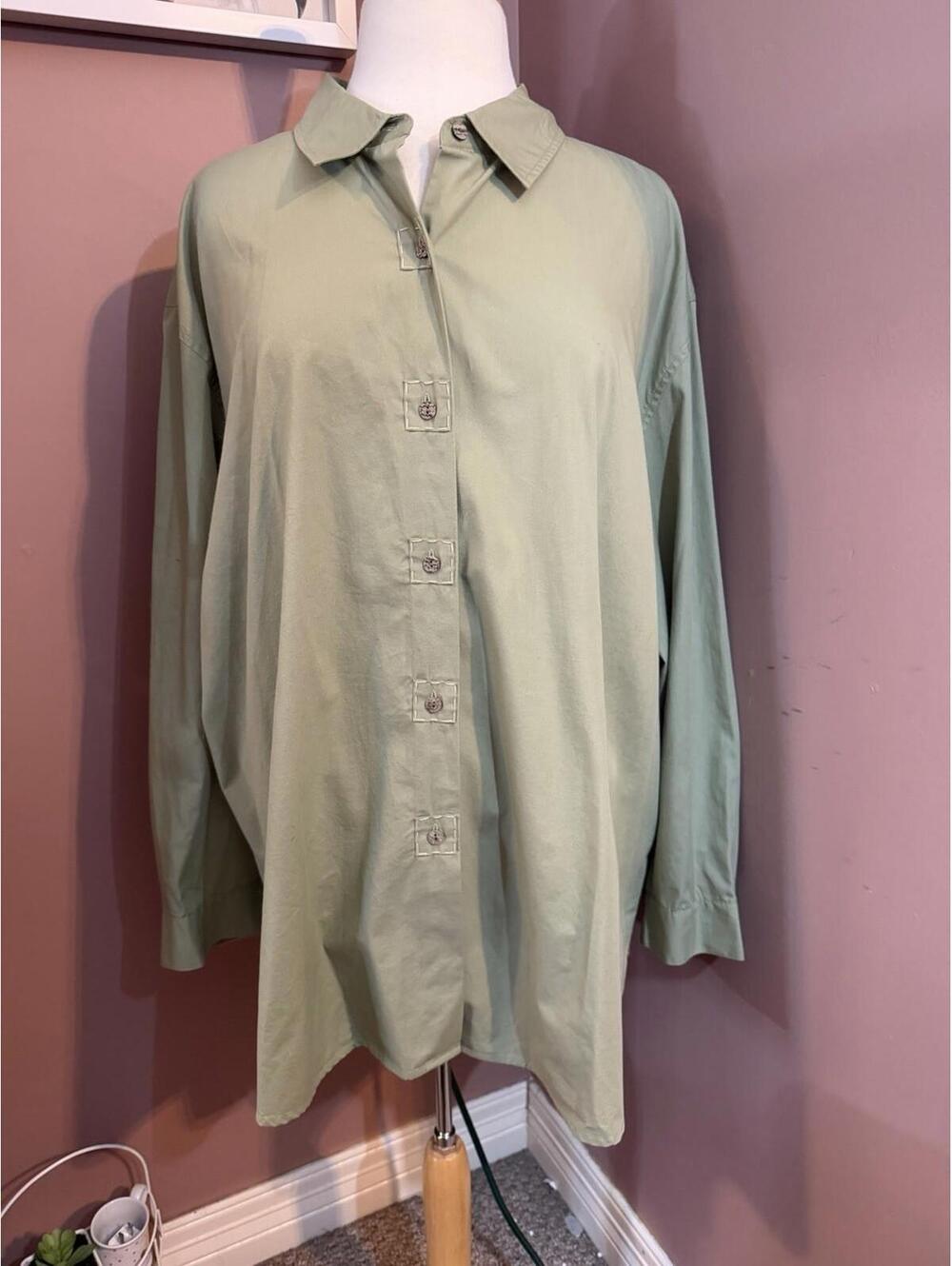 J Jill Sage Green Cotton Tunic Blouse Womens 3X Decorative Button Detail